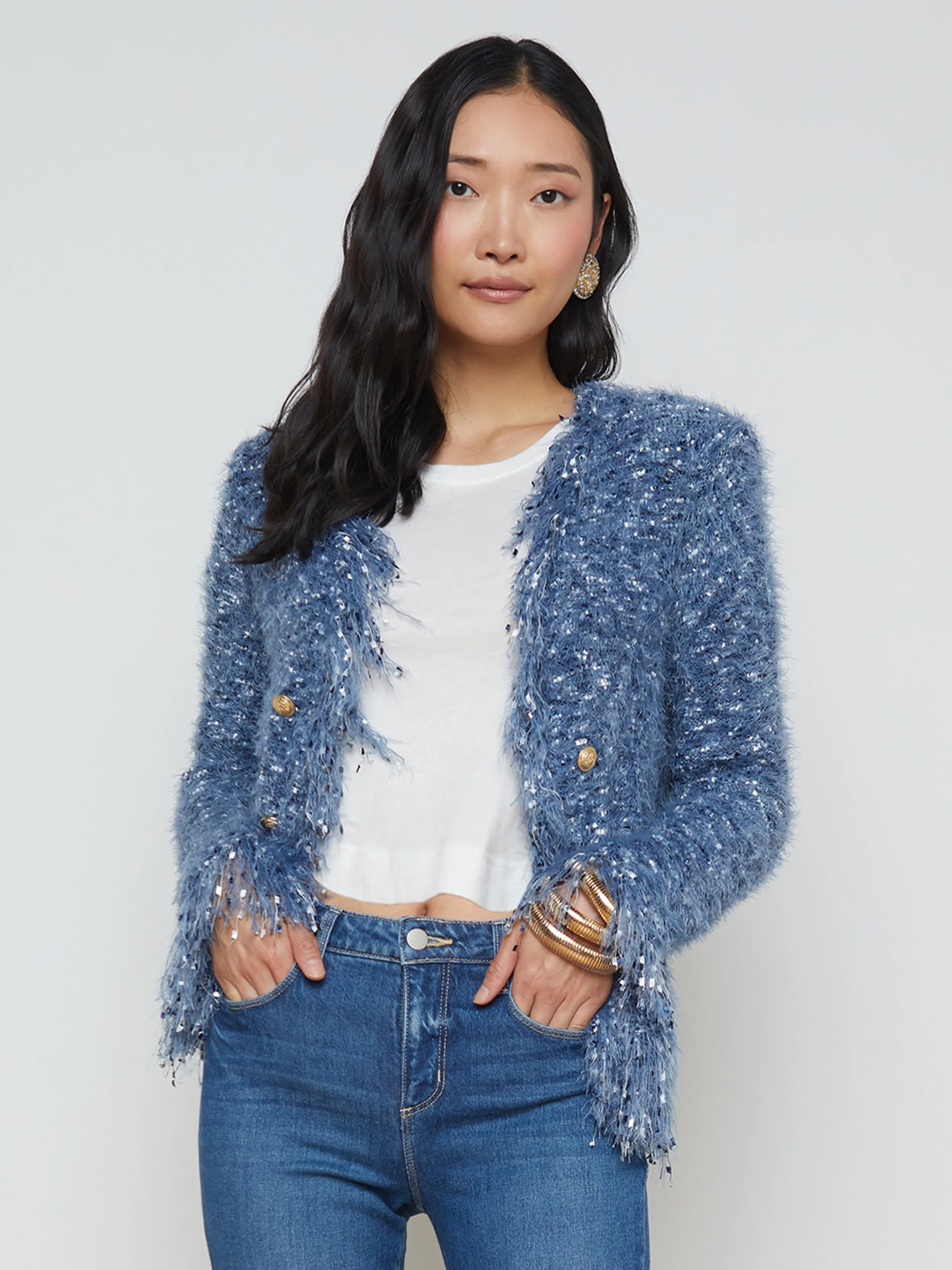 L'AGENCE BLAZER CARDIGAN À FRANGES AZUR- Maille | Blazers Et Vestes